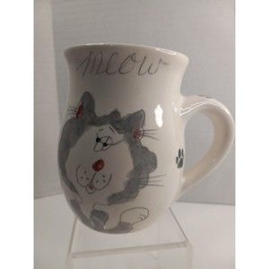Whiskerkins Meow Cat Coffee Mug, Hand Painted signed Oregon USA Elias Ceramics